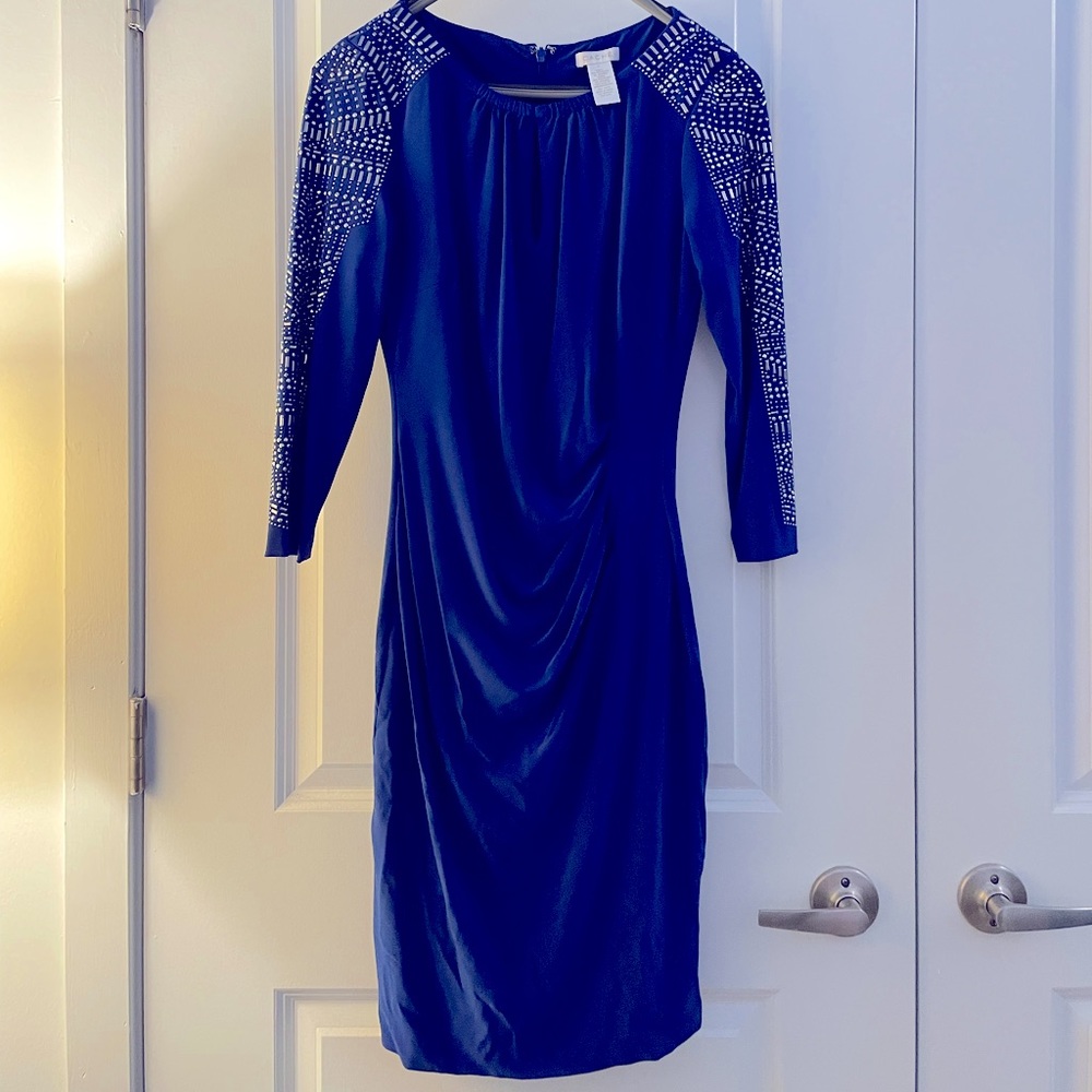 Cache above the knee form fitting dress w/ rhinestones & mid-length sleeves